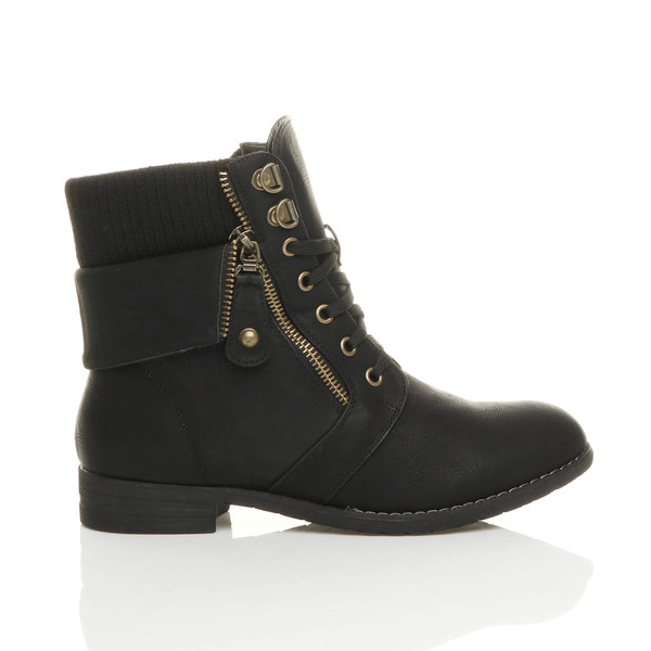 Ajvani Low Heel Knitted Collar Military Ankle Boots - Y9489