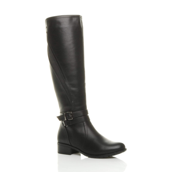 ajvani Low Heel Strap Stretch Elastic Gusset Knee High Riding Boots - U2636