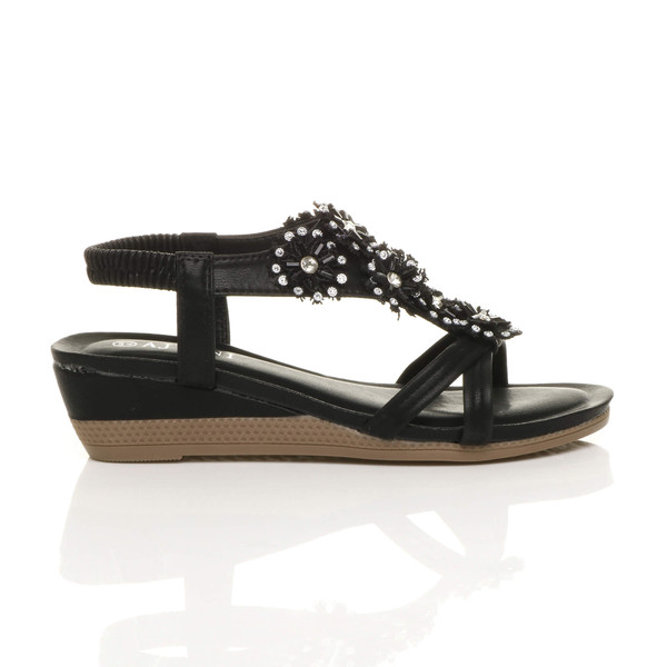 Ajvani Low Mid Wedge Heel Flower Diamante T-Bar Slingback Sandals