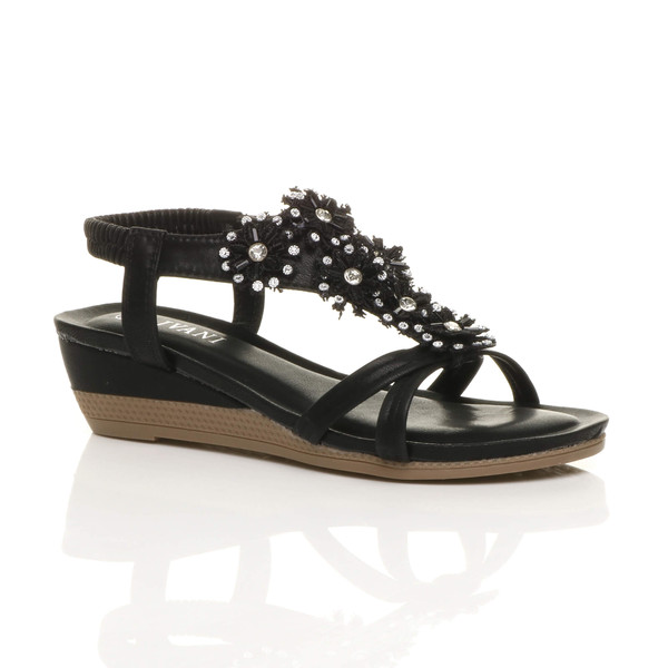 ajvani Low Mid Wedge Heel Flower Diamante T-Bar Slingback Sandals