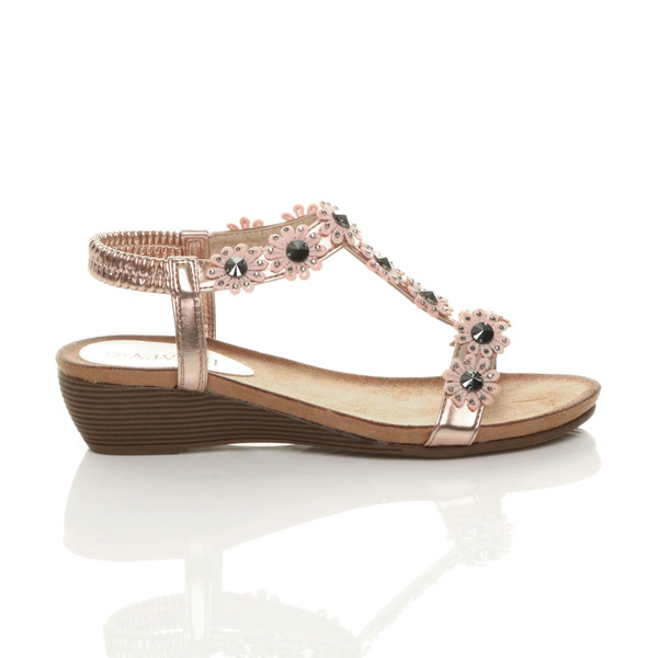 Ajvani Low Mid Wedge Heel T-Bar Flower Diamante Sandals - E3423