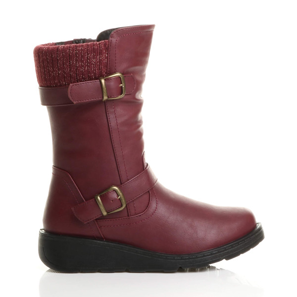 Ajvani Low Wedge Heel Biker Knitted Collar Comfort Calf Boots