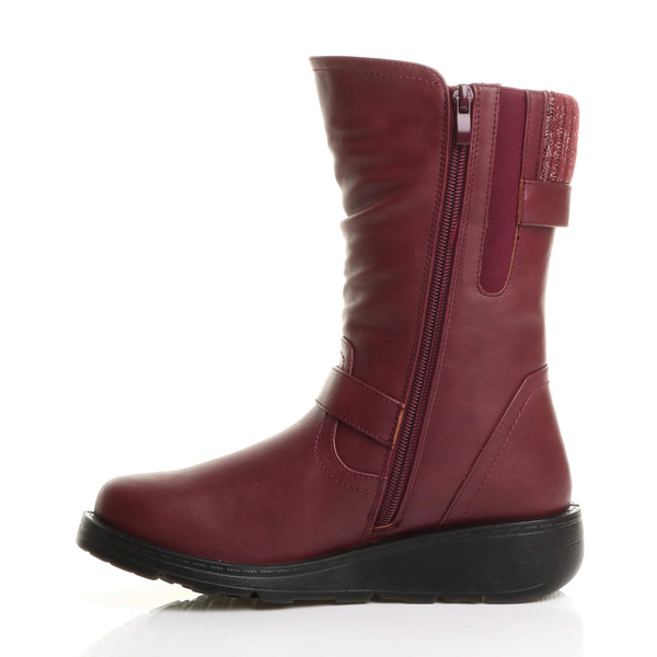 Ajvani Low Wedge Heel Biker Knitted Collar Comfort Calf Boots