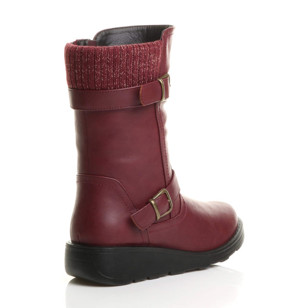 Ajvani Low Wedge Heel Biker Knitted Collar Comfort Calf Boots