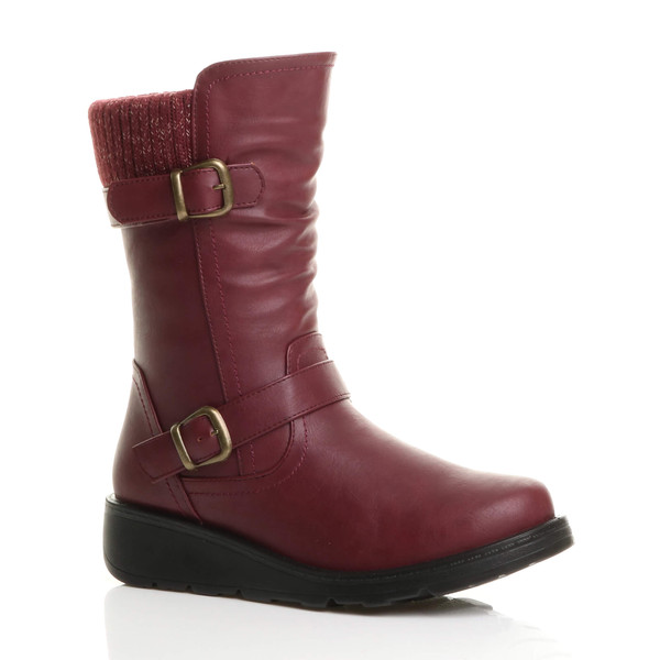 ajvani Low Wedge Heel Biker Knitted Collar Comfort Calf Boots