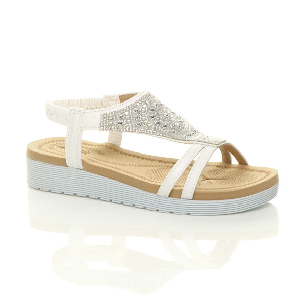 ajvani Low Wedge Heel Comfort Flatform Diamante T-Bar Slingback Sandals - C4599