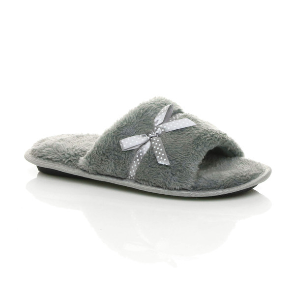 ajvani Memory Foam Fluffy Bow Fur Lined Grip Sole Peep Toe Mule Slippers Sandals - O8328