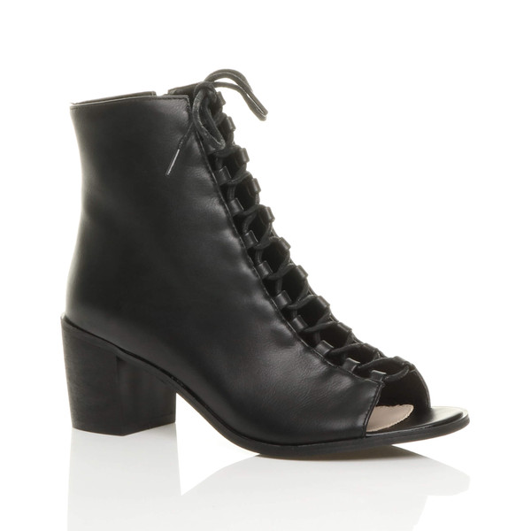 ajvani Mid Block Heel Ghillie Peep Toe Ankle Boots - H2804