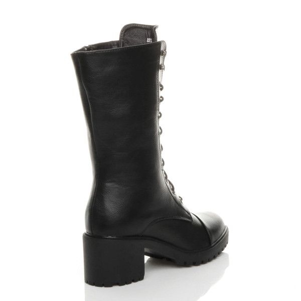 Ajvani Mid Block Heel Lace Up Zip Ankle Calf Military Boots - Y1858