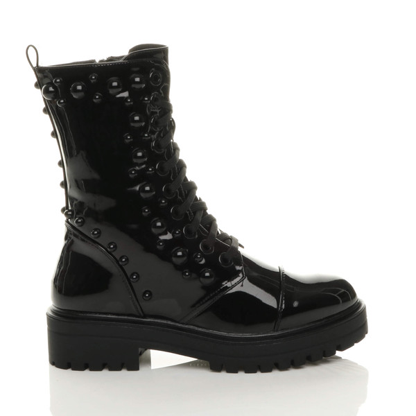 Ajvani Mid Block Heel Punk Goth Studded Military Combat Ankle Boots - J8692