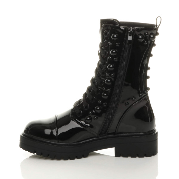 Ajvani Mid Block Heel Punk Goth Studded Military Combat Ankle Boots - J8692