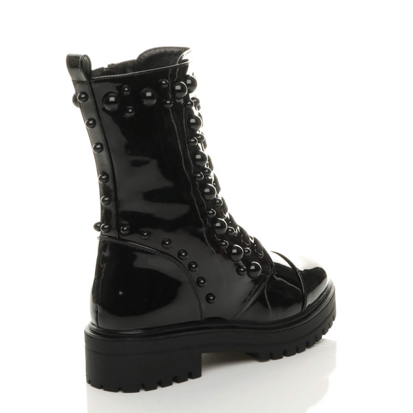 Ajvani Mid Block Heel Punk Goth Studded Military Combat Ankle Boots - J8692