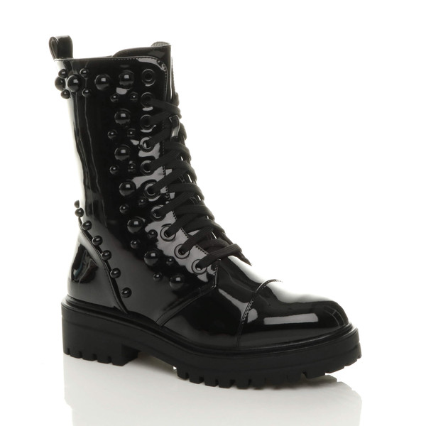 ajvani Mid Block Heel Punk Goth Studded Military Combat Ankle Boots - J8692