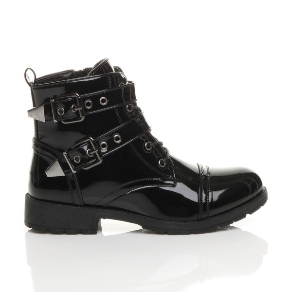 Ajvani Mid Block Heel Zip Studded Goth Biker Military Ankle Boots - D7645