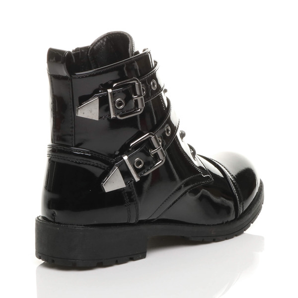 Ajvani Mid Block Heel Zip Studded Goth Biker Military Ankle Boots - D7645