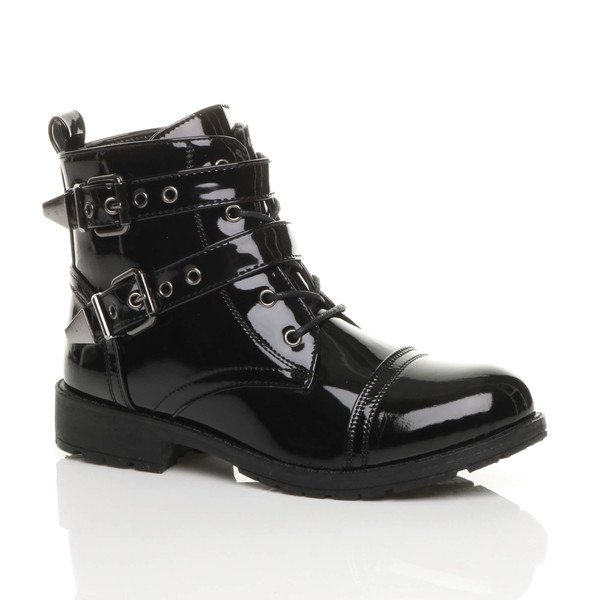 ajvani Mid Block Heel Zip Studded Goth Biker Military Ankle Boots - D7645
