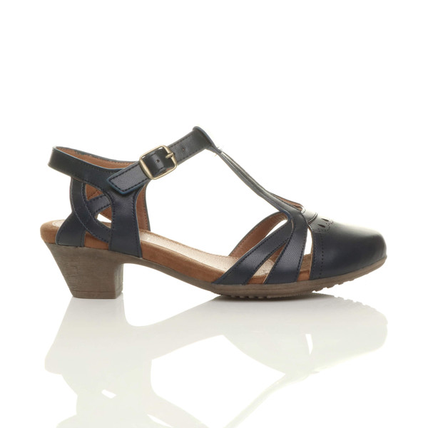 Ajvani Mid Heel Cut Out Brogue Shoes T-Bar Comfort Sandals - C6842