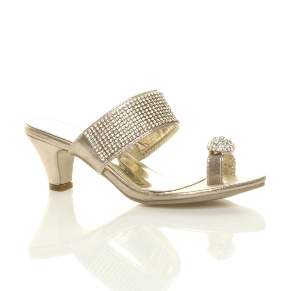 Ajvani Mid Heel Toe Ring Diamante Mules Sandals - U3618