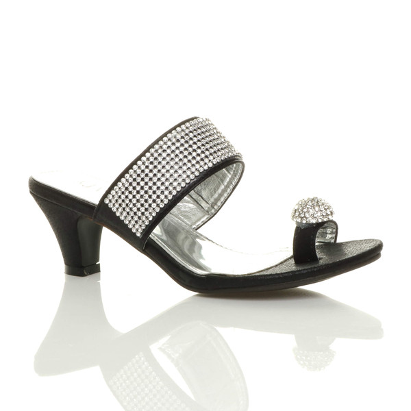 ajvani Mid Heel Toe Ring Diamante Mules Sandals - U3618