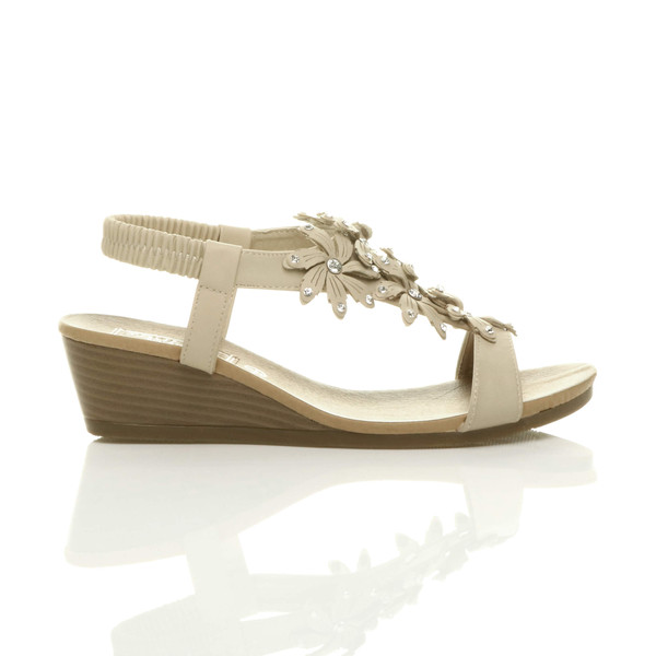 Ajvani Mid Heel Wedge Flower Diamante Slingback Sandals - O5307