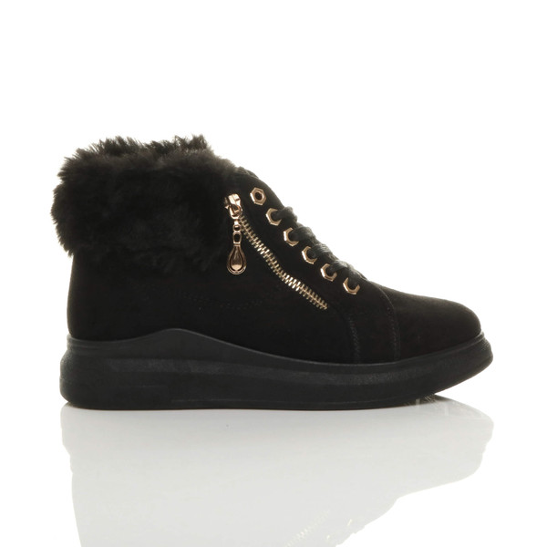 Ajvani Mid Heel Wedge Fur Cuff Low Top Trainers - J1816
