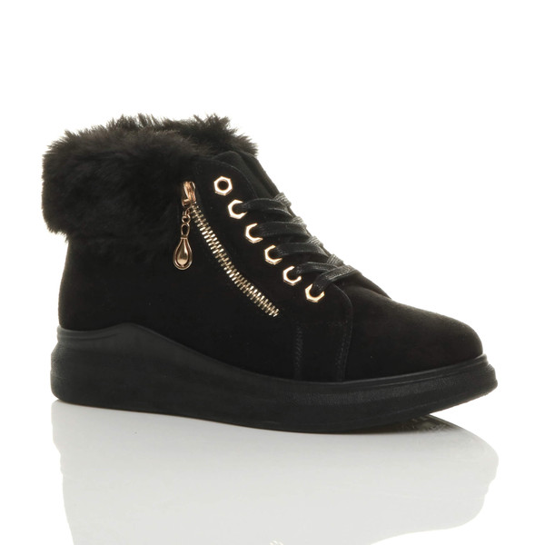 ajvani Mid Heel Wedge Fur Cuff Low Top Trainers - J1816