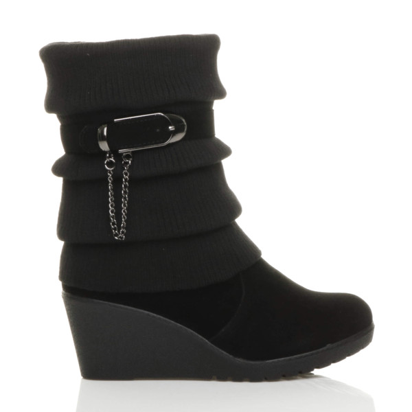 Ajvani Mid Heel Wedge Knitted Collar Slouch Ankle Boots - K1095