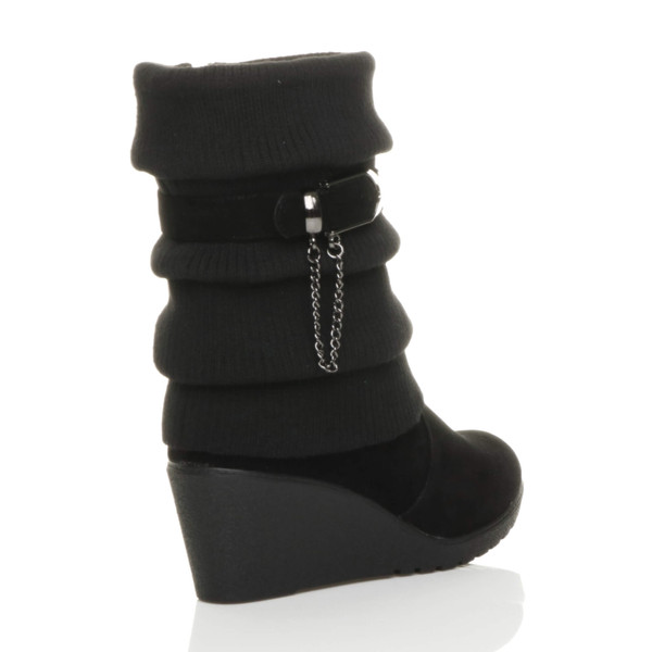 Ajvani Mid Heel Wedge Knitted Collar Slouch Ankle Boots - K1095
