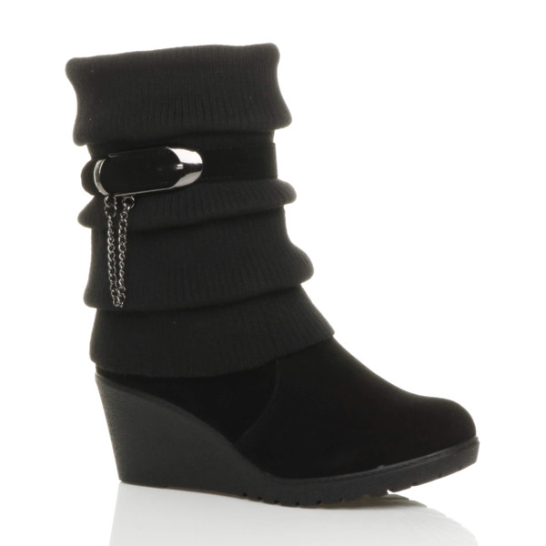 ajvani Mid Heel Wedge Knitted Collar Slouch Ankle Boots - K1095