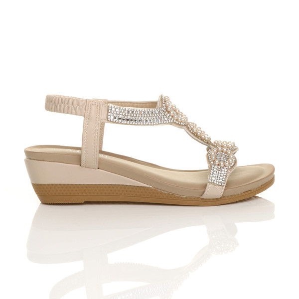 Ajvani Mid Wedge Heel Diamante Beaded T-Bar Slingback Sandals - K7678
