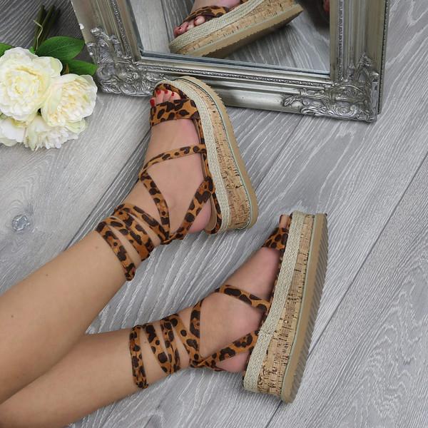 Ajvani Mid Wedge Heel Flatform Diamante Strappy Tie Up Espadrille Platform Sandals - B3635