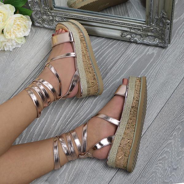 Ajvani Mid Wedge Heel Flatform Diamante Strappy Tie Up Espadrille Platform Sandals - B3635