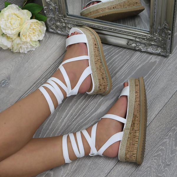 Ajvani Mid Wedge Heel Flatform Diamante Strappy Tie Up Espadrille Platform Sandals - B3635