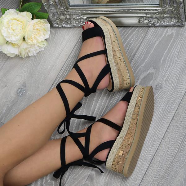 ajvani Mid Wedge Heel Flatform Diamante Strappy Tie Up Espadrille Platform Sandals - B3635