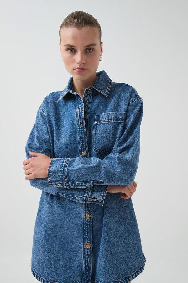 Aje Blues Denim Shirt Dress 80s Blue Wash