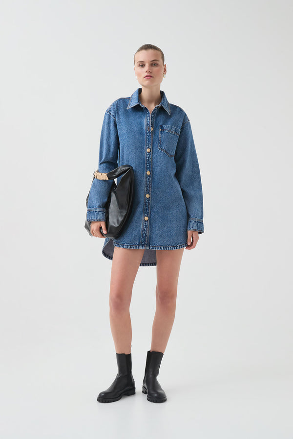 aje Blues Denim Shirt Dress 80s blue wash