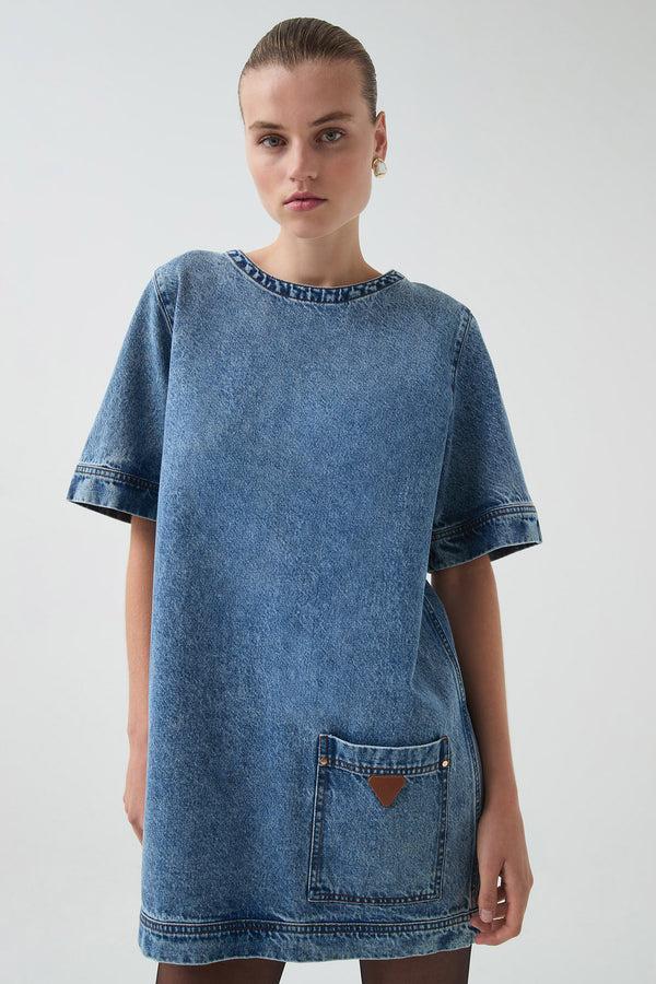 aje Blues Denim Tee Dress 80s blue wash