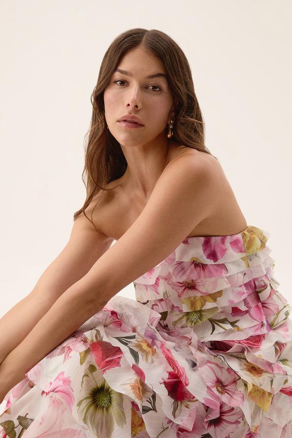 Aje Fleur Pleated Gown Collage Floral