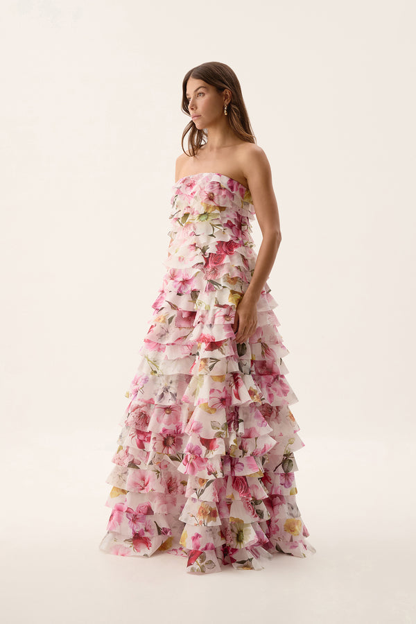 Aje Fleur Pleated Gown Collage Floral