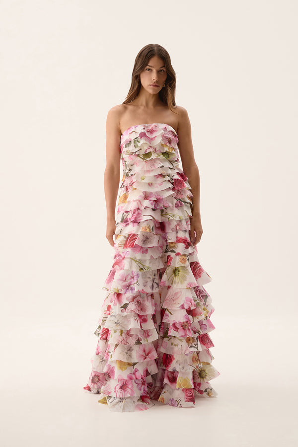 aje Fleur Pleated Gown Collage floral