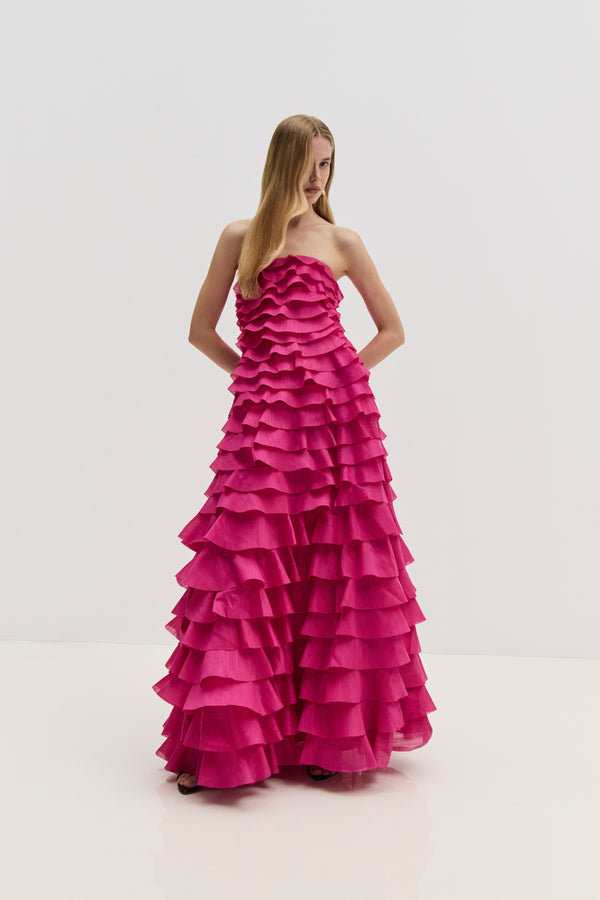 aje Fleur Pleated Gown Magenta