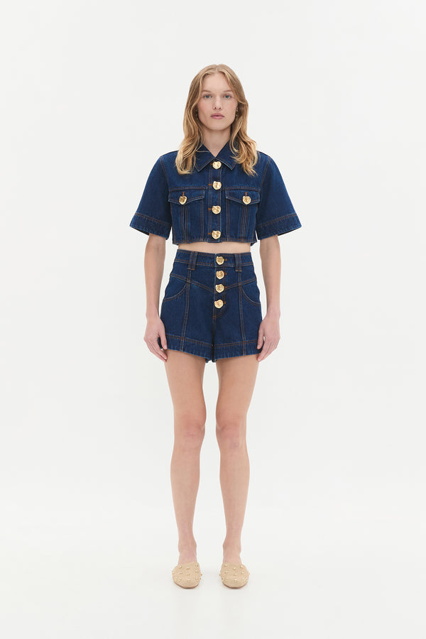 Aje Gianna Denim Cropped Top Dark Classic Wash