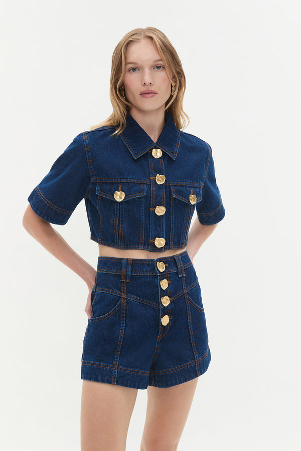 Aje Gianna Denim Cropped Top Dark Classic Wash