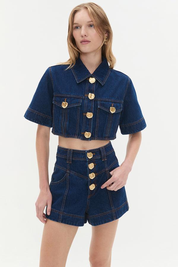 aje Gianna Denim Cropped Top Dark classic wash