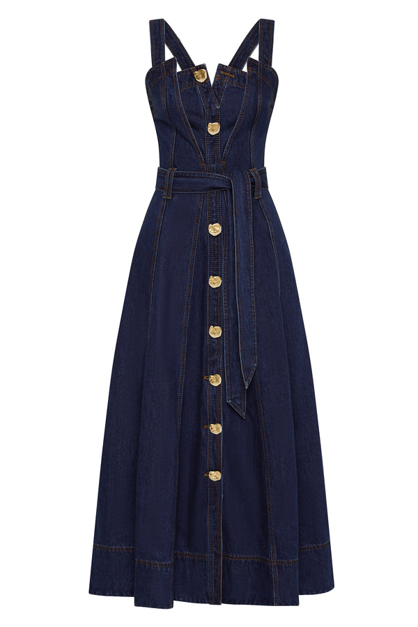Aje Gianna Denim Midi Dress Dark Classic Wash