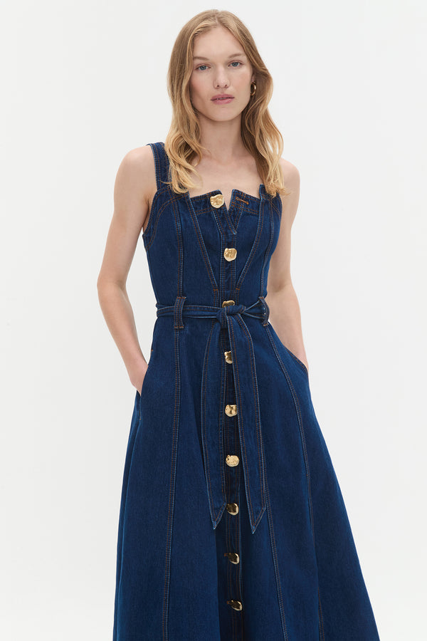 Aje Gianna Denim Midi Dress Dark Classic Wash