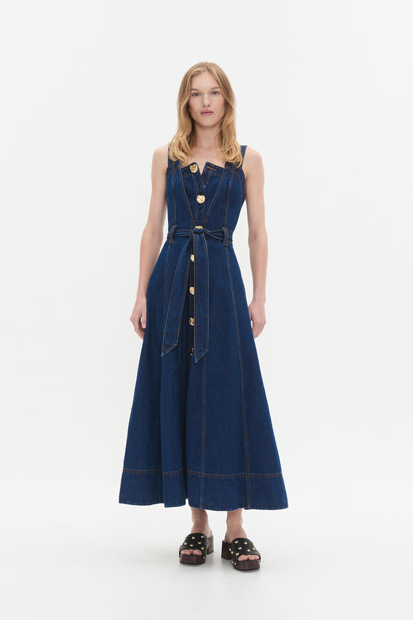 aje Gianna Denim Midi Dress Dark classic wash