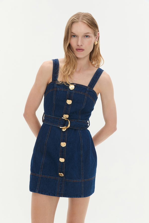 aje Gianna Denim Mini Dress Dark classic wash