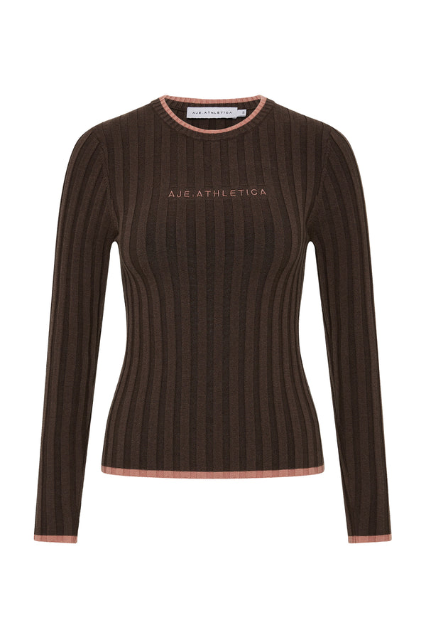 Aje Long Sleeve Rib Knit Top 438 Chocolate/rouge