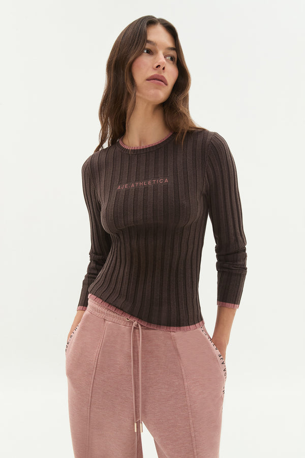 aje Long Sleeve Rib Knit Top 438 Chocolate/rouge